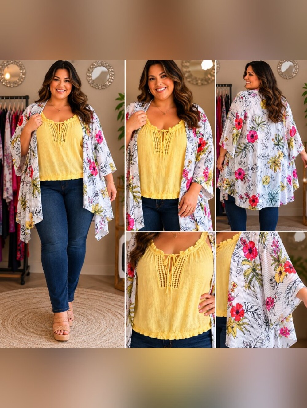 Moral Fiber Pale Yellow Crochet-Tie Peasant Top & Kimono🌸